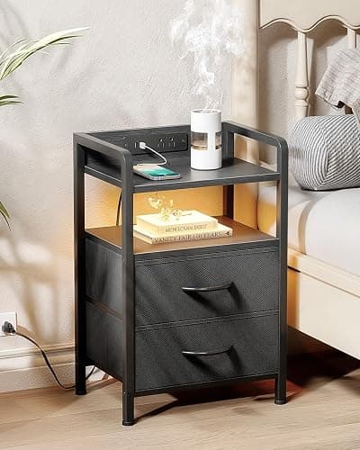 Lazzanto Night Stand Bedside Charger Bedroom - Nightstand with Charging Station & LED Light Strip, Night Stand with Storage Shelf & 2 Fabric Drawers, Morden End Table with U-S-B Ports & AC Outlets thumbnail 2