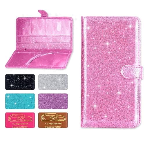 Weishenghuo Car Registration and Insurance Card Holder, Car Document Holder for Cards, Driver Vehicle License Document Glove Box Compartment Organizer, Car Essentials - Glitter Pink-2 - Image 1