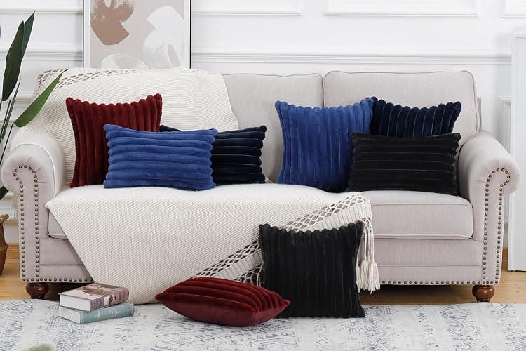Madizz Set of 2 Faux Fur Plush Decorative Throw Pillow Covers 24x24 inch, 60x60 cm, Burgundy Fluffy Striped Soft Decorative Cushion Cover for Sofa Bedroom Pillow Shell thumbnail 6
