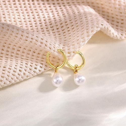 Robaice Pearl Earrings for Women, 14K Gold Plated Dangle Drop Earrings | Small Pearl Drop Huggie Hoop Earrings, Hypoallergenic Dainty Gold Earrings, Wedding Jewelry Gifts for Women Trendy thumbnail 2