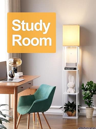 Floor Lamp with Shelves for Living Room White, Shelf Floor Lamp with 3 CCT LED Bulb, Corner Display Standing Column Lamp Etagere Organizer Tower Nightstand with White Linen Shade for Bedroom, Office thumbnail 9