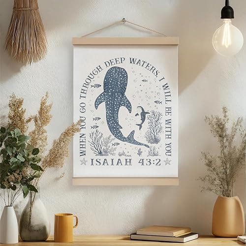 ZNGFON Trendy Whale Shark Christian Wall Decor, When You Go Through Deep Waters I Will Be With You Isaiah 43:2 Wall Art Poster with Wooden Frame, Blue Bible Verse Wall Hanging Home Decor, 12x16 Inch thumbnail 2