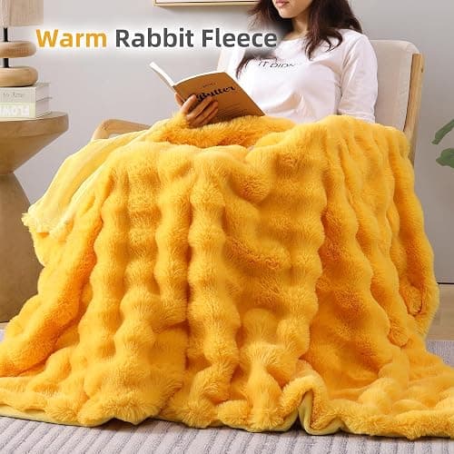 Smoofy Faux Fur Throw for Couch - Mustard Yellow Bubble Blanket 50"x60" | Fluffy Plush Fuzzy Throw for Sofa & Bed, Super Soft Cozy Comfort Blanket, Luxury Aesthetic Yellow Decor Gift for Women thumbnail 6