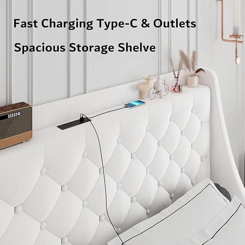 iPormis Full Size Bed Frame with 4 Storage Drawers, Upholstered Platform Bed Frame with Type-C & USB Ports, Wingback Storage Headboard, Solid Wood Slats, No Box Spring Needed, White thumbnail 5