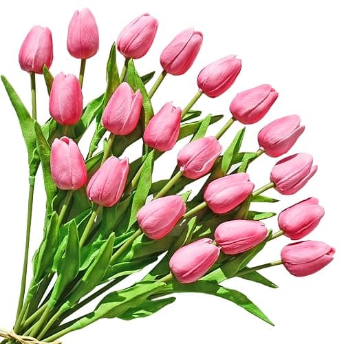 ONLY ART Artificial Pink Tulips 20 Pcs – 13.5 Inch PU Faux Flowers with Bendable Stems for Home Décor, Wedding Centerpieces, DIY Floral Arrangements, New Year and Valentine's Day - Image 1