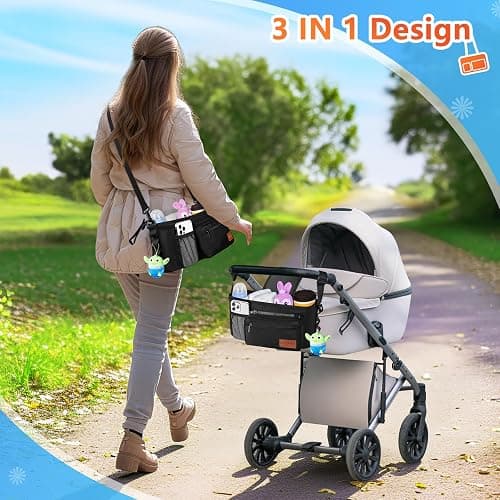 Guiseapue Pram Organiser Bag with Cup Holder: Large Capacity Pram Cup Holder with Non Slip Strap, Universal Stroller Bag, Pushchair Pram Accessories for Baby Buggy Doona, Nuna, Jogger, Bugaboo thumbnail 2