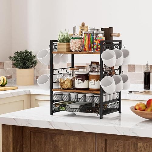 Plaviya Coffee Bar Organizer Coffee Station K Cup Holder for Countertop | 30 Coffee Pods Organizer, Mug Holder with 12 Hooks, 2 Drawers, Multifunctional, Kitchen, Dining Room, Office, Rustic Brown thumbnail 7