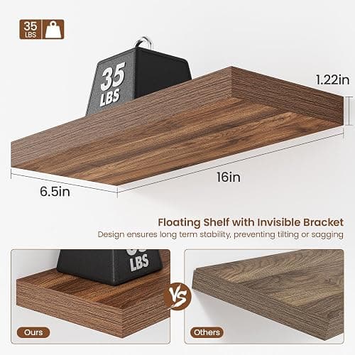 Feihorrm Floating Shelves, Wall Shelf Set of 2, 40cm Rustic Shelves, 16.5cm Deep Wall Shelf, MDF Wooden Shelving for Bathroom, Bedroom, Living Room and Kitchen, Vintage Brown, 40 x 16.5 x 3.1 cm thumbnail 3