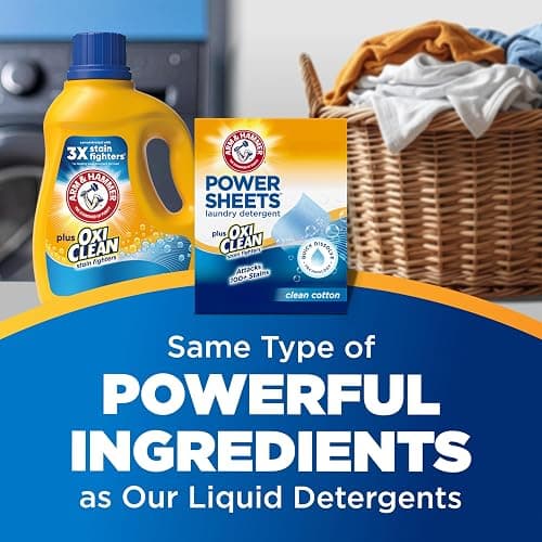 ARM & HAMMER Plus OxiClean Power Sheets Laundry Detergent, 52 Count | Attacks 100+ Stains, Effective Cleaning Power Sheet, 104 Medium Loads, Clean Cotton Scent thumbnail 5