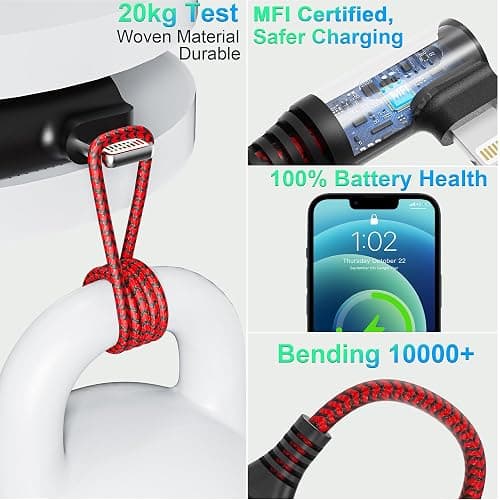 20FT Extra Long USB A to Lightning Charger Cable for iPhone, Nylon Braided 20FT Lightning iPhone Charger Cord Fast Charging, Long 90 Degree Lightning Cable for iPhone 14 Pro Max/14/13 Pro/12/11/X/XS thumbnail 7