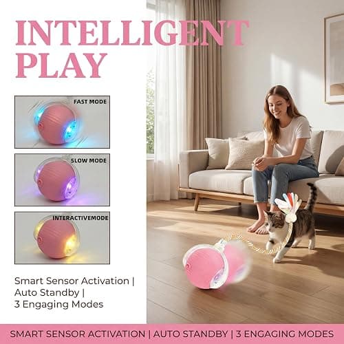 Interactive Cat Toy Ball, Automatic Cat Toys for Indoor Cats with 3 Modes | LED Light, 3 Replaceable Tails, Rechargeable Rolling Toy with Smart Sensor for Kittens & Adult Cats,USB Rechargeable thumbnail 7