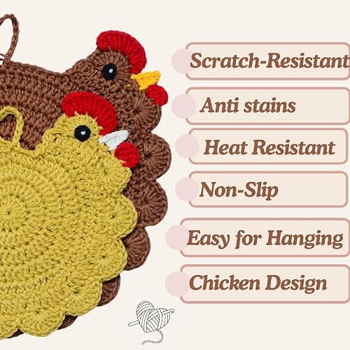 Handmade Crochet Chicken Trivets Set of 2, Chicken-Gifts, Valentine Gifts, Pot Holders, Heat Resistant Farmhouse Kitchen Home Decor, Cooking, Baking, Cute Desk Accessories, Tabletop Protection thumbnail 4