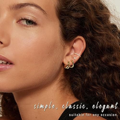 Gold Hoop Earrings Set for Women, 14K Gold Plated Small Double Hoop Earrings Set for Multiple Piercing, Dainty Huggie Earring for Women thumbnail 2