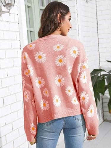 Women's Floral Print Cardigan Long Sleeve Open Front Button Down V Neck Knitted Sweaters thumbnail 4