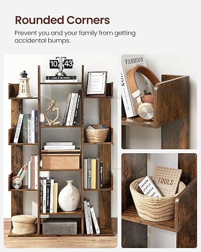 VASAGLE Bookshelf, Tree-Shaped Bookcase with 13 Storage Shelves, Rounded Corners, 9.8”D x 33.9”W x 55.1”H, Rustic Brown ULBC67BXV1 thumbnail 6