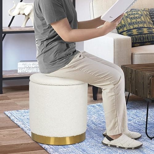 Joveco Boucle Round Ottoman with Storage,Vanity Stool with Storage for Bedroom, Ottoman Coffee Table,Small Boucle Foot Stool for Living Room, White with Gold Plating Base thumbnail 9