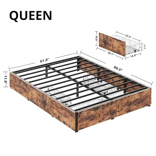 LIKIMIO Queen Bed Frame with Storage, 4 Drawers and Heavy Strong Metal Support Frames, Solid Stable, Noise-Free, No Box Spring Needed, Easy Assembly, Vintage Brown thumbnail 2
