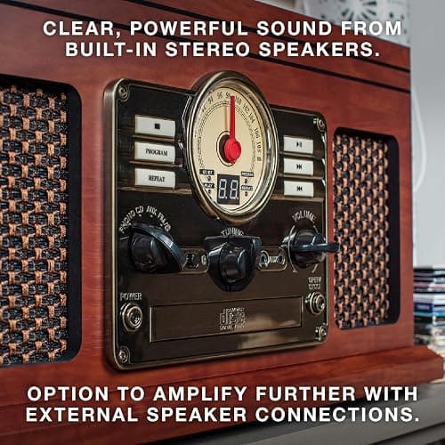 Victrola The Quincy 6-in-1 Bluetooth Record Player & Multimedia Center with Built-in Speakers – 3-Speed Turntable, CD & Cassette Player, AM/FM Radio, Wireless Music Streaming (Mahogony) thumbnail 6