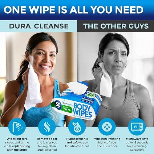 Dura Cleanse Body Wipes for Adults No Rinse Bathing (2 Pack) 100 XL Shower Cloths + 8 Travel Sheets – 10" x 11.5" Thick Disposable Washcloths for Camping & Elderly Care thumbnail 5