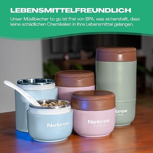 Netrox Müslibecher To Go mit Löffel, Joghurtbecher aus Edelstahl | Auslaufsicherer Lunchbox-Becher, To Go Becher für Müsli, Joghurt, Porridge, Suppen, Müsli To Go Becher für Kinder thumbnail 4