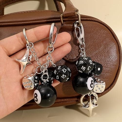 Black 8 Ball Dice Charm Keychain - Cute Bag Purse Handbag Accessories, Y2K Aesthetic Key Chain for Women Men Birthday Gifts for Friend (10x5cm) thumbnail 3
