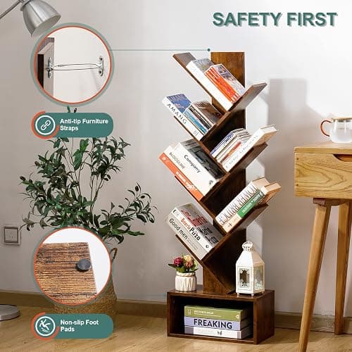 Yoobure Tree Bookshelf - 6 Shelf Retro Floor Standing Bookcase, Tall Wood Book Storage Rack for CDs/Movies/Books, Utility Book Organizer Shelves for Bedroom, Living Room, Home Office, Rustic Brown thumbnail 5