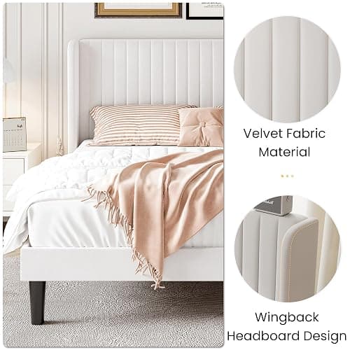 SHA CERLIN Full Size Velvet Bed Frame with Vertical Channel Tufted Wingback Headboard, Upholstered Platform Bed with Wood Slats, No Box Spring Needed, Easy Assembly, White thumbnail 5