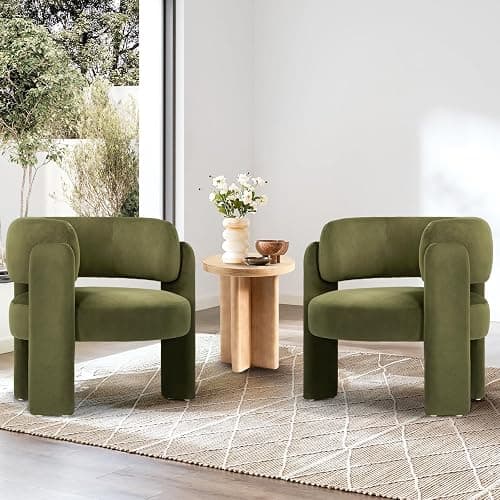 COLAMY Modern Velvet Accent Chair Set of 2, Upholstered Barrel Chairs, Comfy Side Arm Chairs with 3 Legs for Living Room, Bedroom, Reading, Green - Image 1