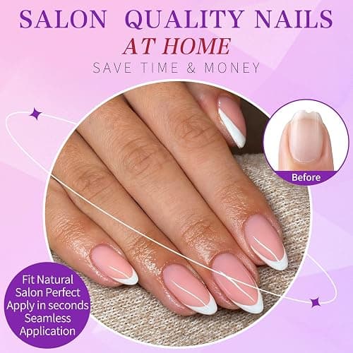 Lifextol 216PC White French Tip Press on Nails Medium Fake Nails Press ons with 10*Adhesive Tabs, Pink Almond Acrylic Nail Press on Nails French Tip Nails False Artificial Fingernails Stick on Nails thumbnail 3