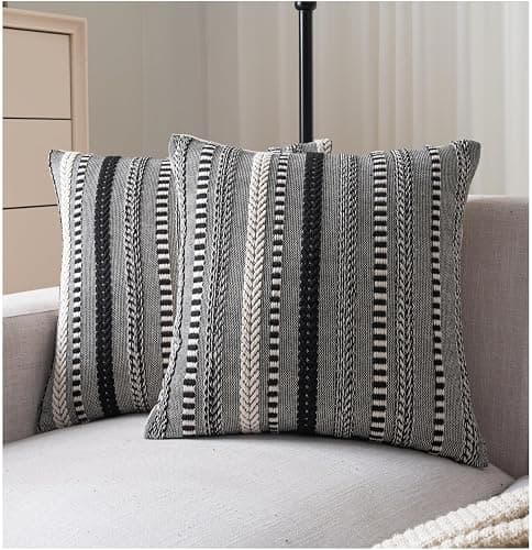 Cethom Boho Throw Pillow Covers 18x18 Inch Set of 2, Farmhouse Decorative Couch Pillow Cases, Black Accent Pillows of Bed, Sofa Bedroom Living Room Home Decor Cushion Cover - Image 1