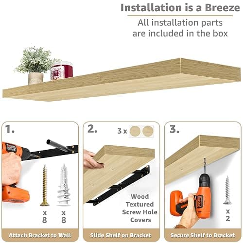 Sorbus Floating Shelves for Wall Storage (48 Inch, 2 Pack, Maple Wood) | Clean display for home accents, books and collectibles; hidden brackets suit bathrooms, bedrooms and kitchens. thumbnail 4