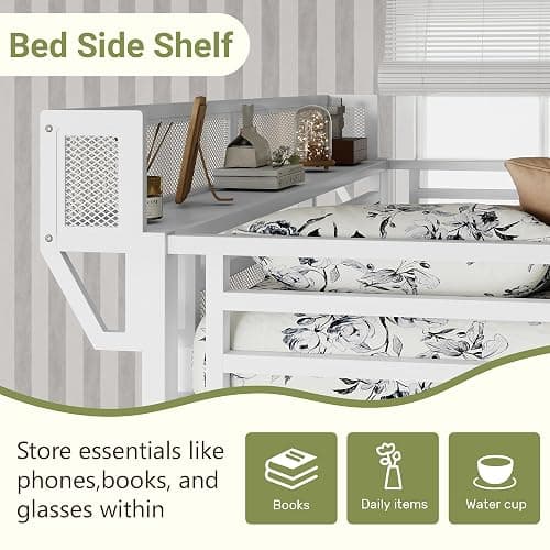 Mirightone Full Size Loft Bed with Stairs and Storage, Metal Loft Bed Frame with Bedside Shelf and Large Under-Bed Space, Heavy-Duty Loft Beds for Adults Teens and Kids, Convertible Staircase, White thumbnail 3