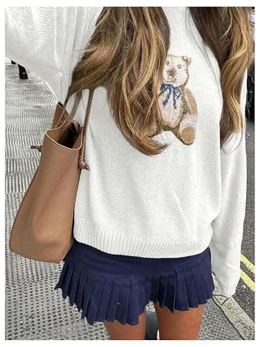 Floerns Women's Bear Long Sleeve Pullover Sweater Cute Crew Neck Knitted Tops thumbnail 2