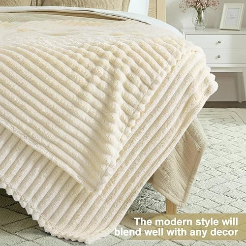 decorUhome Soft Fleece Beige Throw Blanket for Couch, Cozy Fluffy Plush Flannel Striped Blanket for Sofa Bed, Lightweight Decorative Ribbed Fuzzy Blanket for Woman, 50x60 Inches thumbnail 2