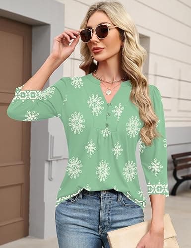 IECCP 3/4 Length Sleeve Womens Tops Dressy Casual Henley V-Neck Summer Tops | Business Casual Outfits,Cute Pleated T-Shirts,Loose Fit Tunics,Soft Lightweight Basic Tees,Work Blouses,2026 Fashion Clothes thumbnail 4