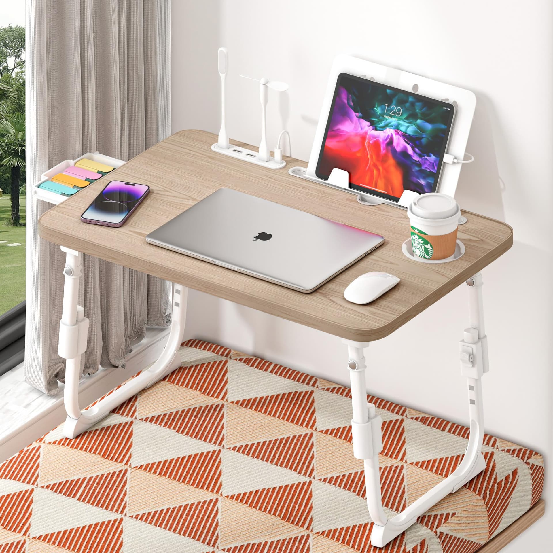 Laptop Desk for Bed Height Adjustable, Lap Bed Table with USB/Storage Drawer/Cup Holder/Tablet Stand/Book Shelf, Foldable Breakfast Tray Portable for Reading Writing, Sofa & Floor, Glacier thumbnail 9