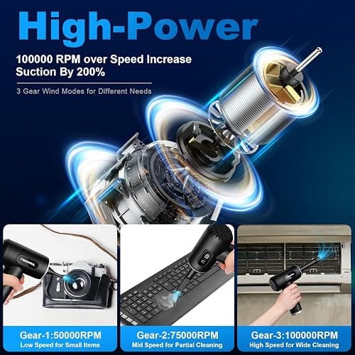 Compressed Air Duster-3 Gear Adjustable 100000RPM Electric Air Duster with LED Light, Rechargeable Cordless Air Blower for Keyboard Electric Devices Cleaning. Replaces Compressed Air Cans (Black) thumbnail 2