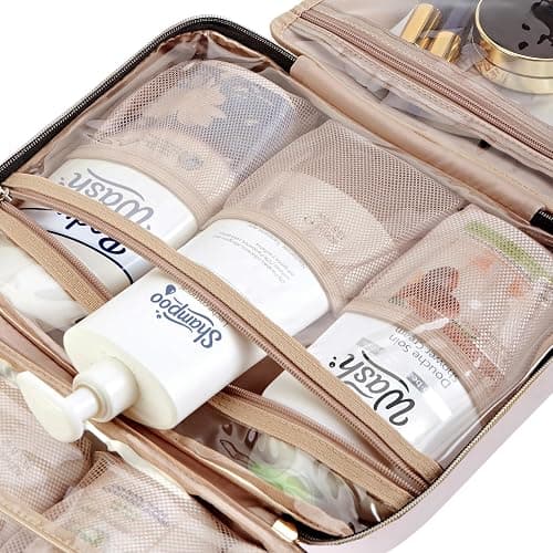 NISHEL Travel Toiletry Bag for women, Portable Hanging Organizer for Full-Sized Shampoo, Conditioner, Brushes Set, Makeup Accessories, Large Size, Pink thumbnail 6