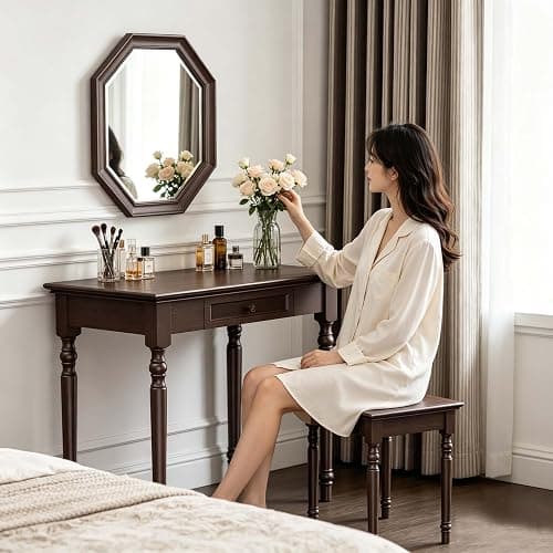 Conabaen Walnut Writing Desks with Drawers, 35" Solid Wood French Country Style Computer Desk for Home Office, Living Room Study or Workspace thumbnail 3