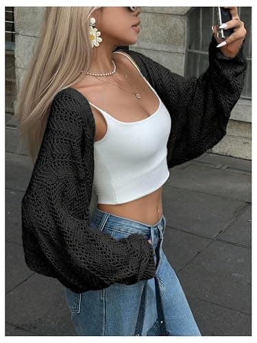 SHENHE Women's Loog Sleeve Crochet Boho Cropped Shrug Sweaters Cardigan | Oversized Lightweight Cardigans, Boho, Cardigan,Shrug,Sweater,Cardigan For Dress thumbnail 4