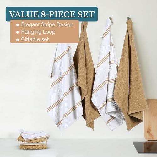 Casa Platino Kitchen Dish Cloths and Dish Towels, 8 Pc Cotton Set with Dual Designs for Drying and Surface Care, Soft and Stylish Helpers for Warm-Toned Kitchens – Beige thumbnail 4