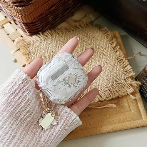 MINSCOSE Compatible with AirPods 4 Clear Case,Cute Cartoon Flower Pattern Design with Floral Keychain, Soft TPU Protective Shockproof Case for AirPods 4 for Girls Women-White thumbnail 5