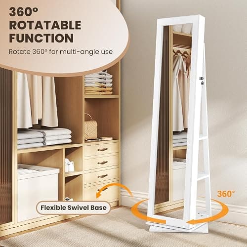 Moccha 2-in-1 Mirrored Jewelry Cabinet, 360 Rotating Free Standing Jewelry Armoire, Lockable Large Capacity Jewelry Organizer w/Full Length Mirror, Inside Makeup Mirror (White) thumbnail 4