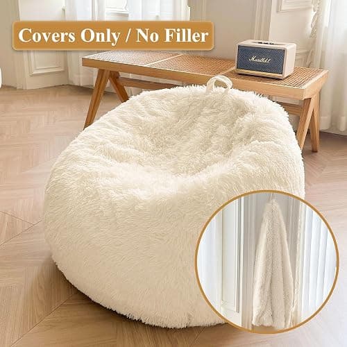 XeGe Fluffy Stuffed Animal Storage Bean Bag Chair Cover(No Filler), Faux Fur Washable Ultra Soft Bean Bag Cover for Plush Toys or Textile, Plush Shaggy Large Bean Bag for Adults Kids Teens, Beige thumbnail 2