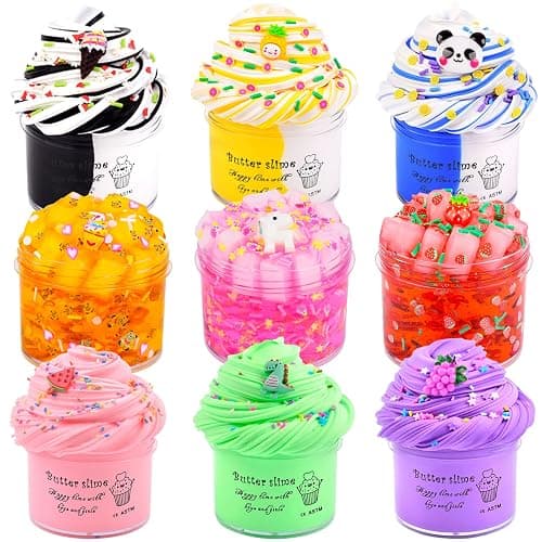 9 Pack Slime Kit, with 3 Jelly Cube Crunchy Slime and 6 Butter Slime, Orange, Blue, Pink Clear Crunchy Slime, Soft & Non-Sticky, for Girls and Boys FamilyToy, Party Favors and School Education - Image 1
