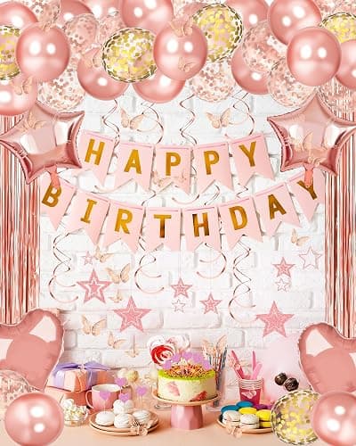 Lutoys Rose Gold Happy Birthday Party Decorations, Happy Birthday Banner, Rose Gold Foil Heart Star Confetti Balloons Curtain Backdrop Hanging Swirls Party Decor for Girls Women Princess thumbnail 5