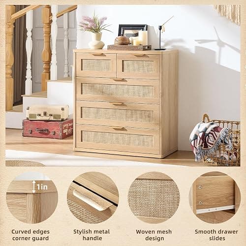 LEYAOYAO Rattan Dresser for Bedroom, 33.5" Tall Chest of Drawers, Modern 5 Drawers Boho Dressers with Storage, Light Oak Dresser Wooden Closet Organizer for Living Room, Hallway, Natural Wood thumbnail 4