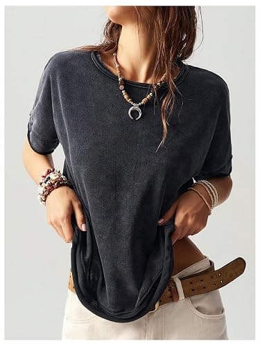Milumia Women's Butterfly Cut Out Back T-Shirt Short Sleeve Washed Tee | Crew Neck, Vintage, Loose Fit, Contrast Mesh, Solid, Casual Going Out, Summer, Streetwear Tops thumbnail 2