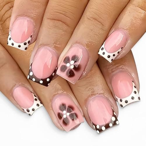 Polka Dot Press on Nails French Tip Short Square Fake Nails with Brown Flower Designs Glue on Nails White Dots False Nails for Women Manicure,Glossy | Reusable | Nail Sticky Tab | Easy Apply | 24Pcs - Image 1