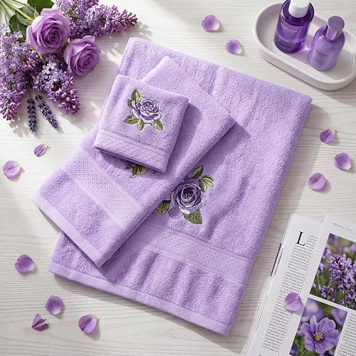 Hillsuren 3 Pcs Rustic Purple Roses Bathroom Towel Set Farmhouse Embroidered Purple Roses Towels Vintage Decorative 100% Cotton Bath Towel Highly Absorbent Elegant Summer Decor Set for Bathroom thumbnail 6